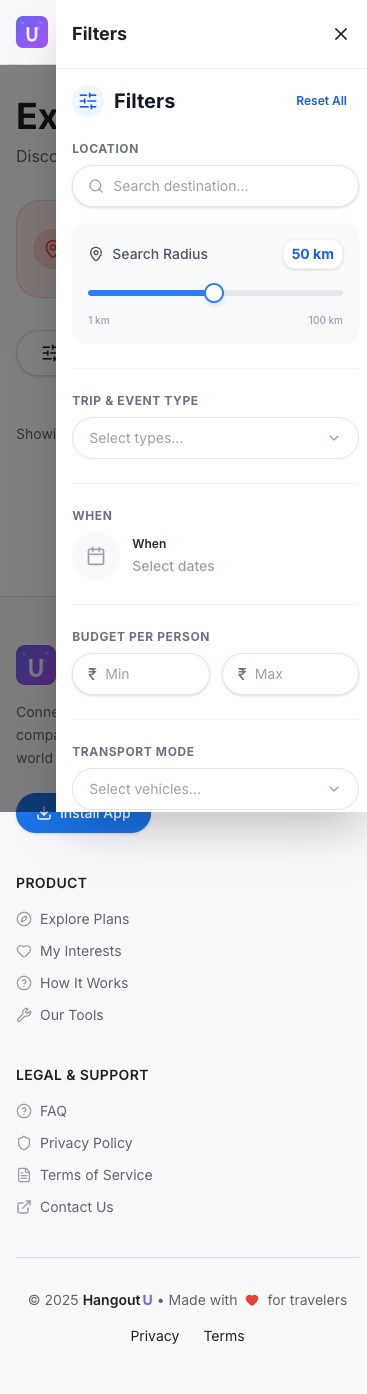 HangoutU mobile browse and filter interface